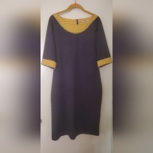 Mikarose Navy Blue with Yellow & White Polkadot Knee Length Vintage Dress.